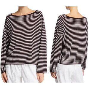 Eileen Fisher sweater XL striped brown white tencel long sleeves boatneck bateau
